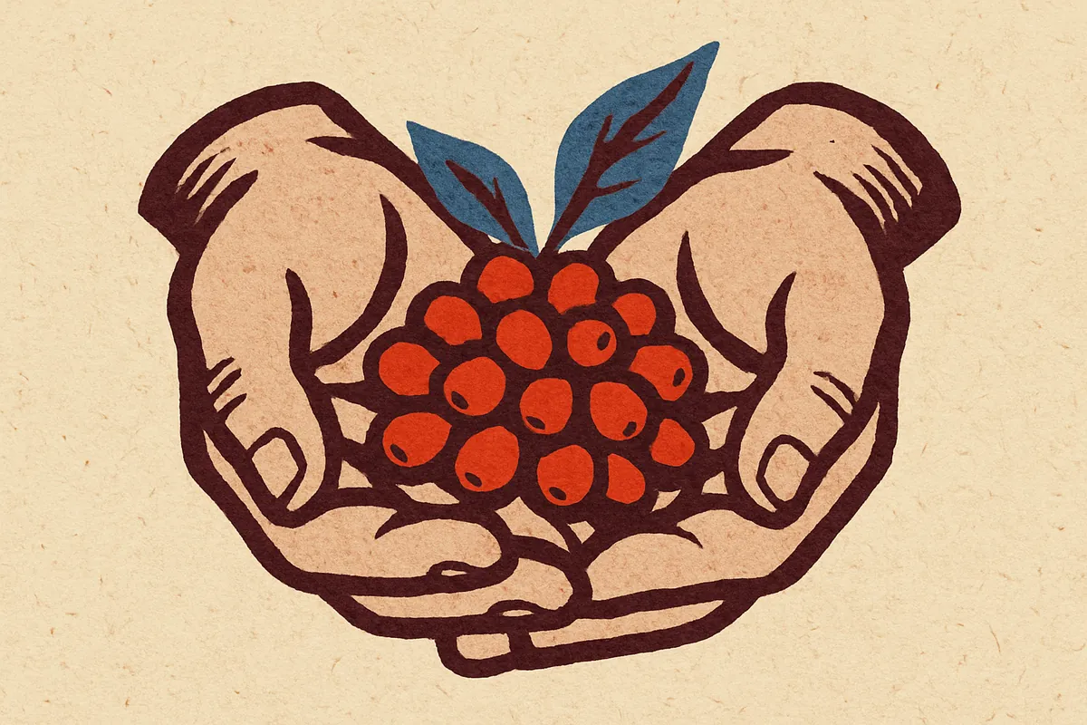 Manos sosteniendo cerezas de café recién cosechadas
